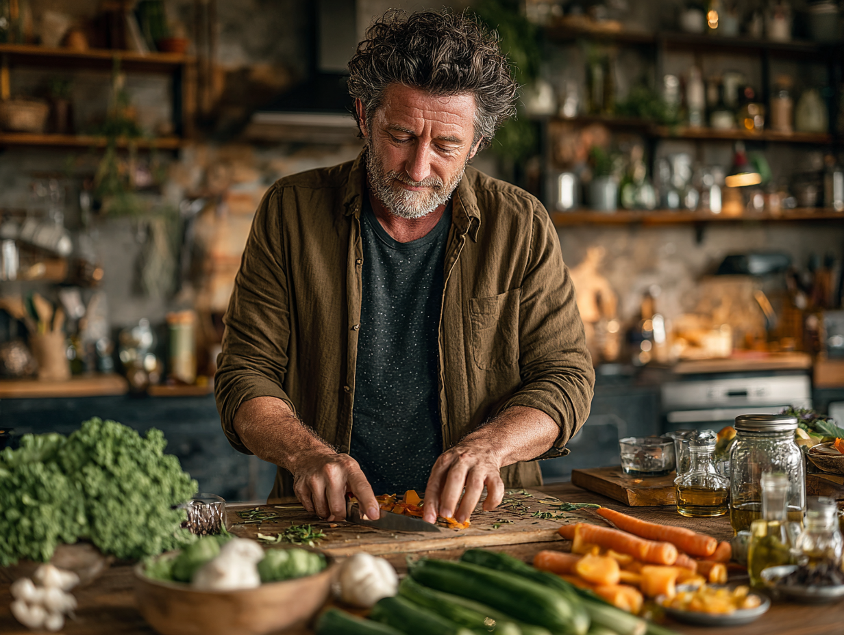 Чоловік середнього віку виконує фізичні вправи на відкритому повітрі