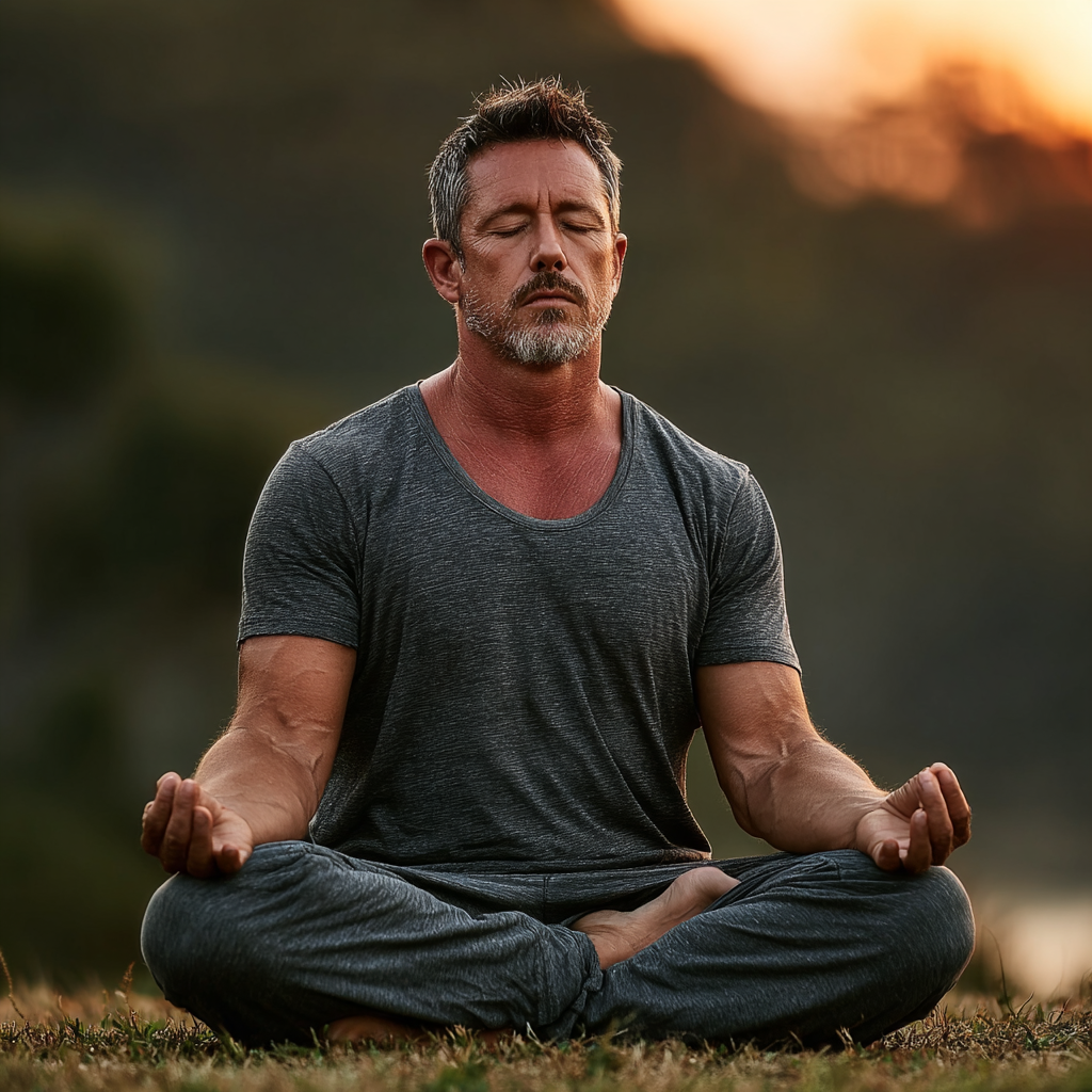 Чоловік практикує медитацію та дихальні техніки в природному середовищі